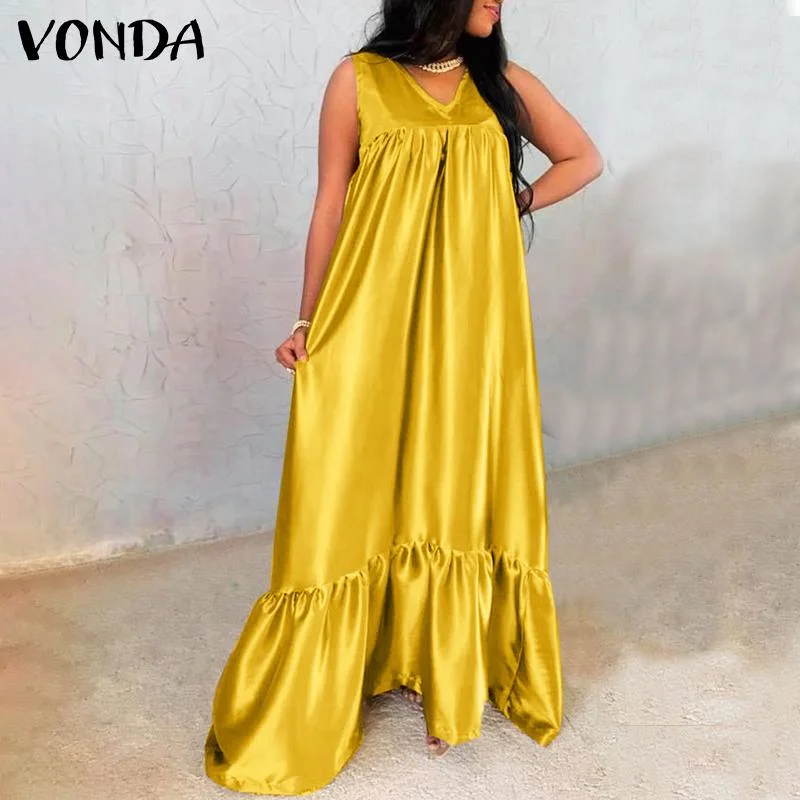 VONDA 2022 Summer Sleeveless V Neck Pleated Dress Women Holiday Party Tank Dresses Femme Bohemian Party Vestidos Oversized