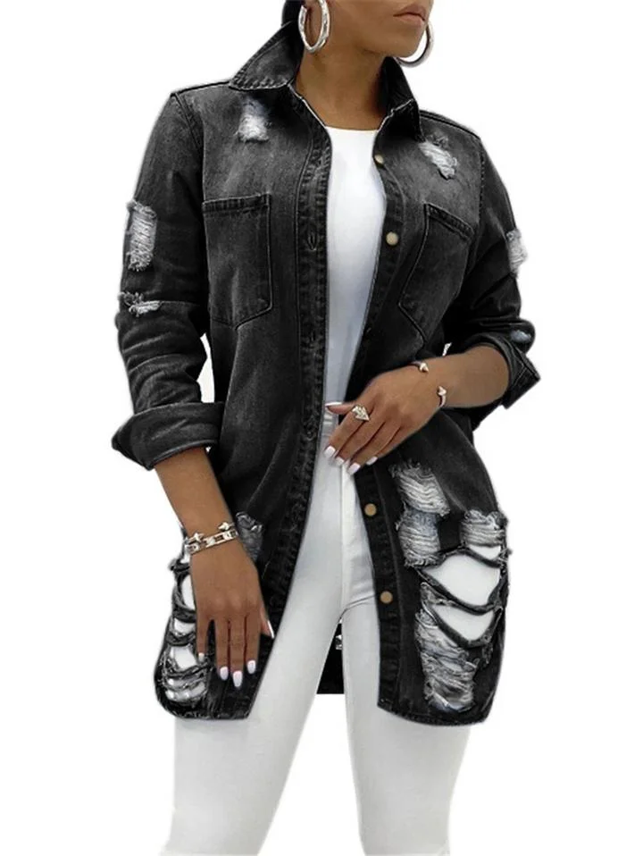 Fashionable Chest Pocket Lapel Collar Ripped Design Denim Coat