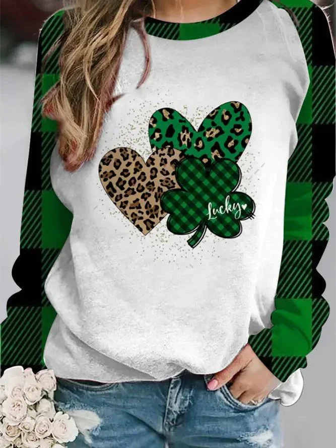 Women's Long Sleeve Scoop Neck Four Leaf Clover Printed Graphic Tops
