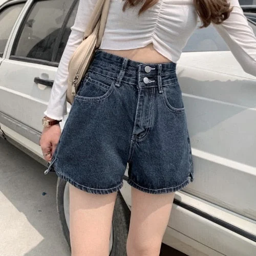 Women Shorts Side-slit Empire Retro Design Straight Denim Trousers Button Summer High Quality All-match Ulzzang Fashion Students