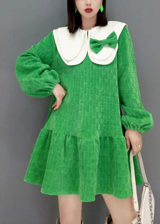 Cute Green Peter Pan Collar Bow Plaid Velour Dresses