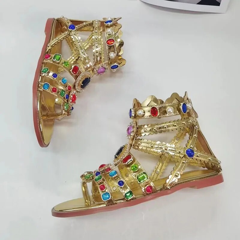Gold Rhinestone Sandals Open Toe Red Blue Diamond Zipper Ankle Boots Lady Flat Party Shoes