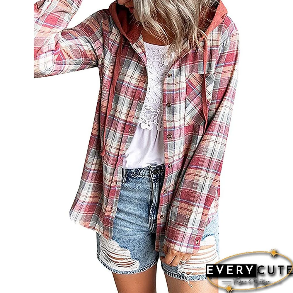Red Plaid Print Hooded Shirt Jacket