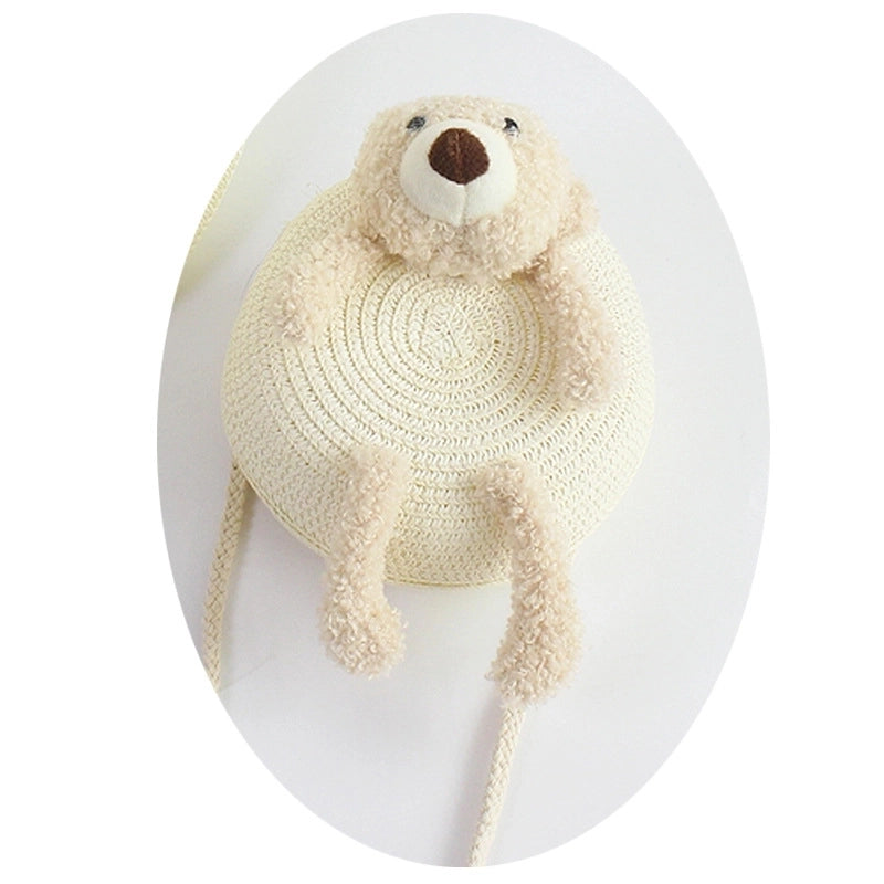 Girl’s Small Straw Flower Bow Knot Cute Round Zipper Crossbody Bag