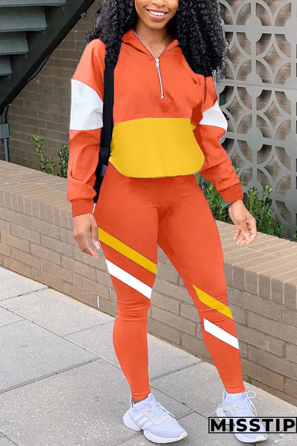 Orange Casual Sportswear Long Sleeve Zipper Collar Regular Sleeve Regular Patchwork Two Pieces
