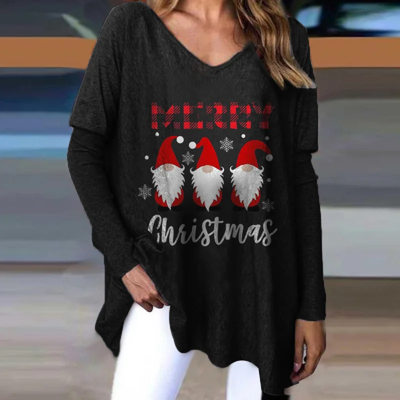 Christmas Gnomes Tartan Check Letter Print Long Sleeve Tee