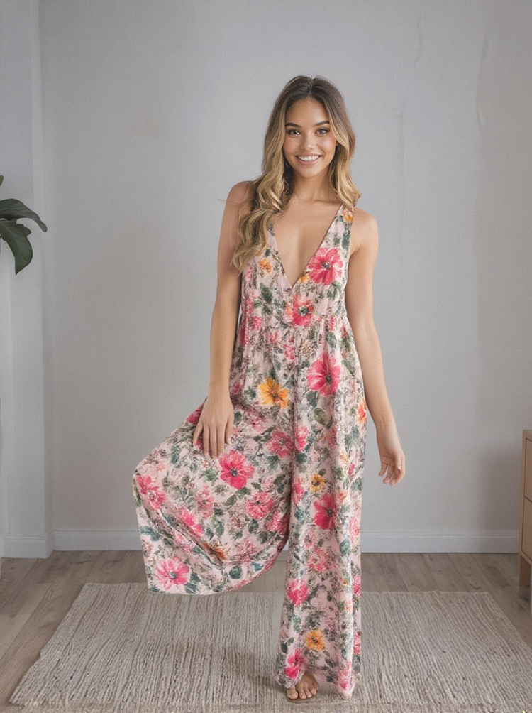 Let's Just Go Wide-Leg Jumpsuit - Pink Flung Floral