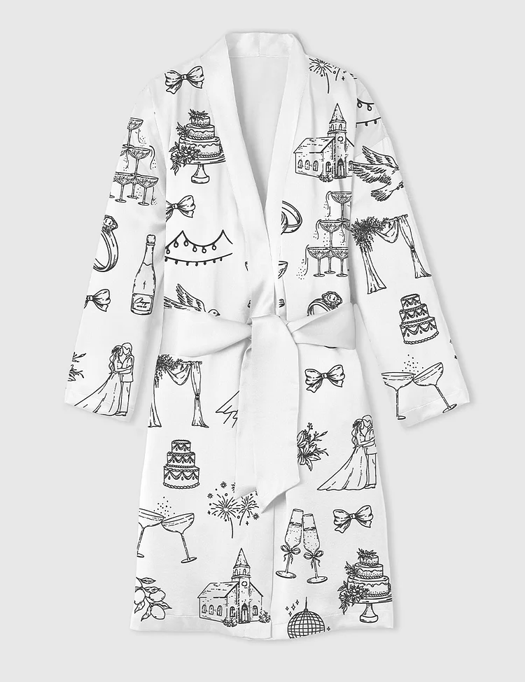 Women&rsquo;s Hand Drawn Wedding Icons Champagne Wedding Timeline Print Satin Bathrobe