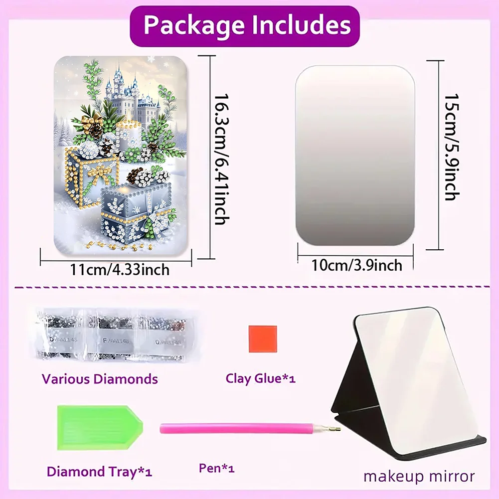 DIY Diamond Art Shiny Crystal Mirror Lightweight Standing Makeup Mirror (Castle)