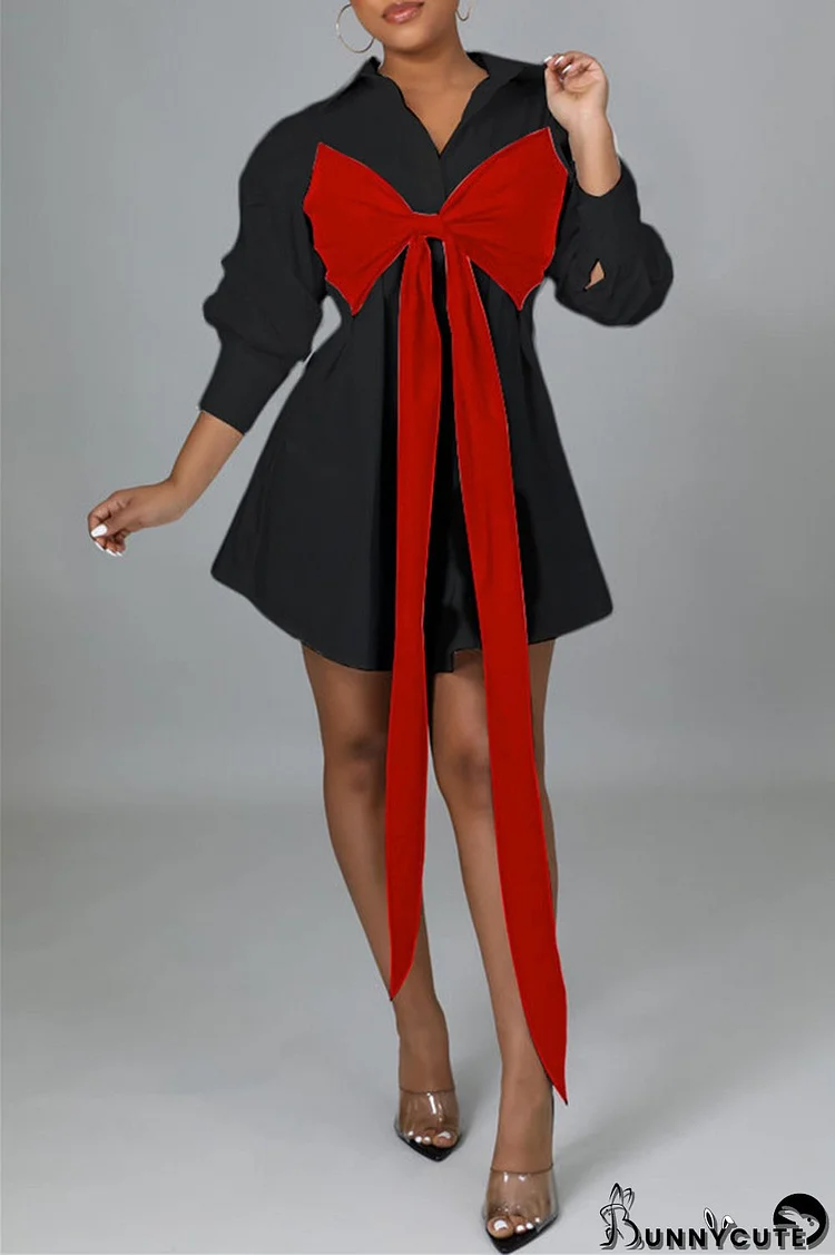 Black Red Fashion Casual Solid Metal Accessories Decoration With Bow Turndown Collar Shirt Dress Dresses