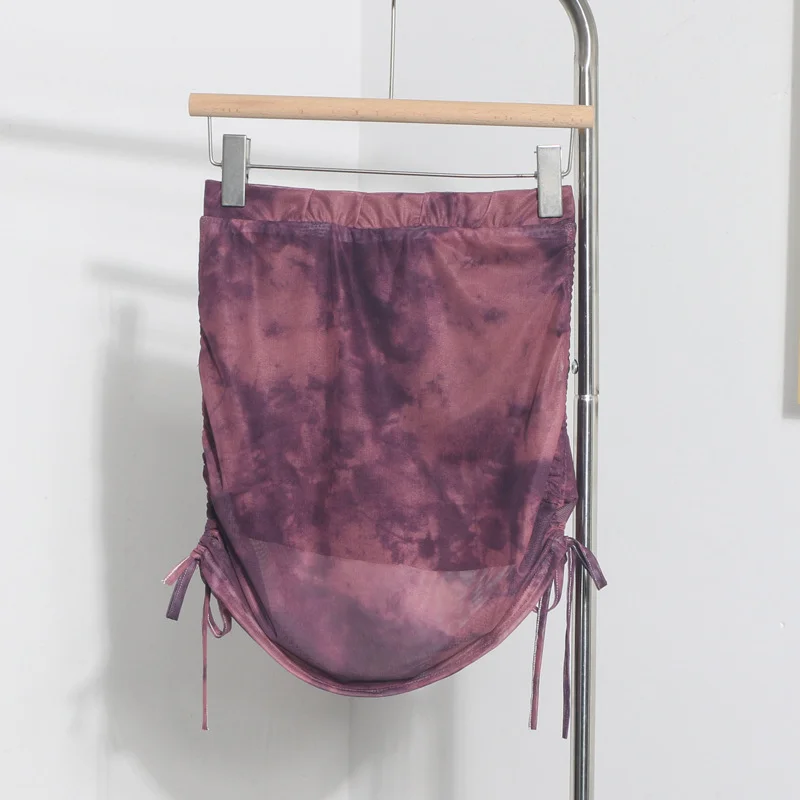 Uveng Solid Shot Tie-Dye Printing Net Yarn Rope With Folded Bag Hips Babes Short Skirt Anti-Light Repair Body Skirt 9919