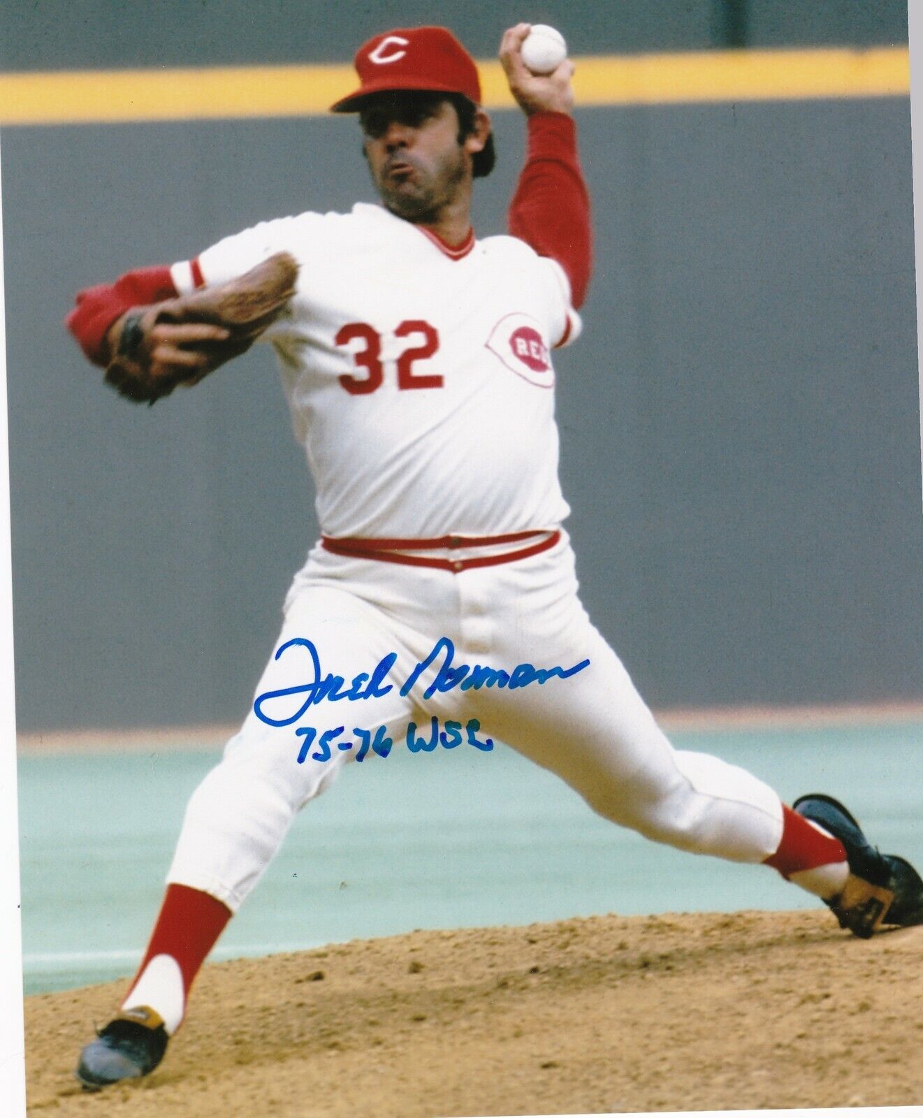 FRED NORMAN CINCINNATI REDS 75-76 WS CHAMPS ACTION SIGNED 8x10