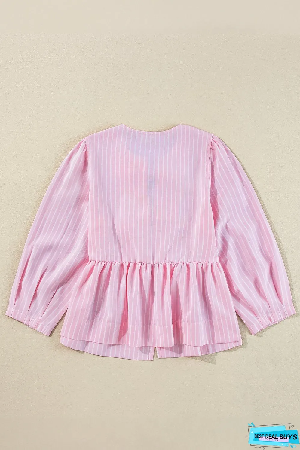 Pink Stripe Bowknot Front Crew Neck Puff Sleeve Blouse