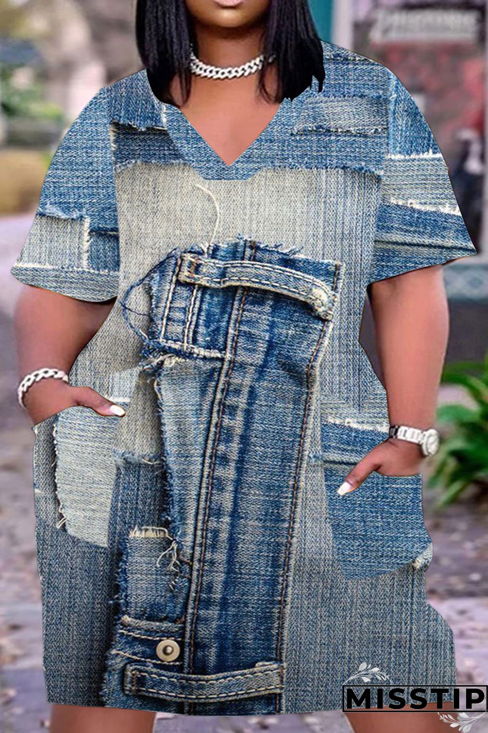 Cowboy Blue Casual Street Vintage Print Make Old Pocket Neck Line Plus Size Dress