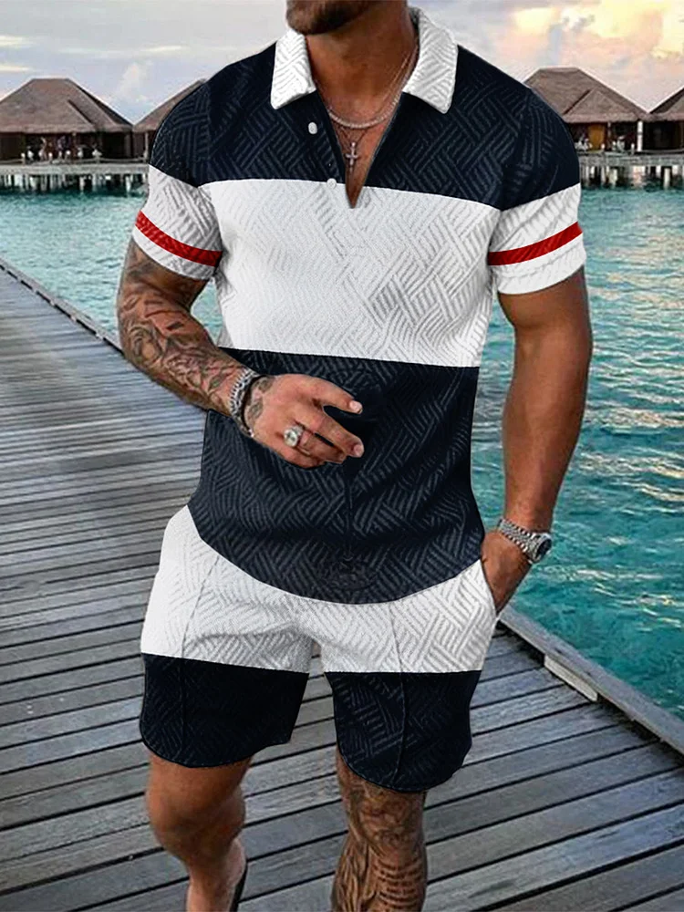 Men's Vacation Common Blue and White Printed Polo Suit