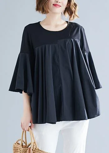 Modern black cotton blended clothes Boho Cotton o neck flare sleeve silhouette Summer blouse