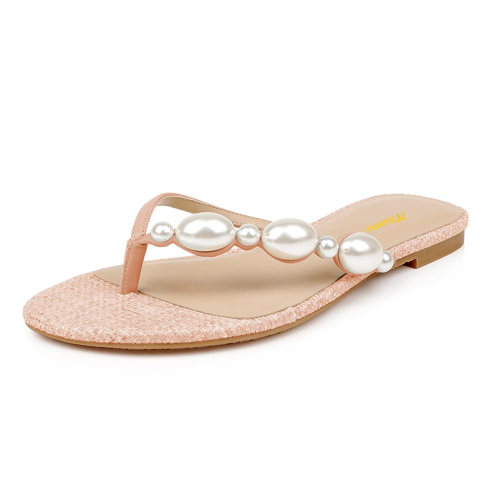 Women's Vegan Leather Open Toe Pearl Flat Light Pink Slide Sandals Nicepairs