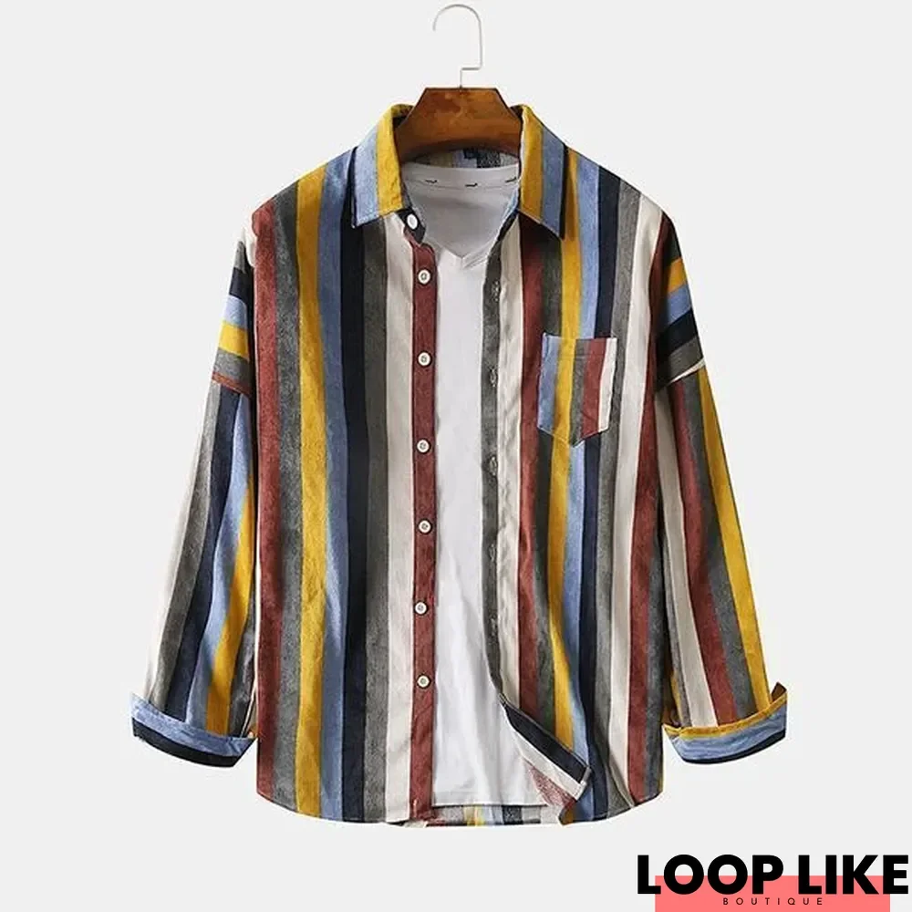 Men's Short Style Color Stripe Cord Casual Long Sleeve Shirts