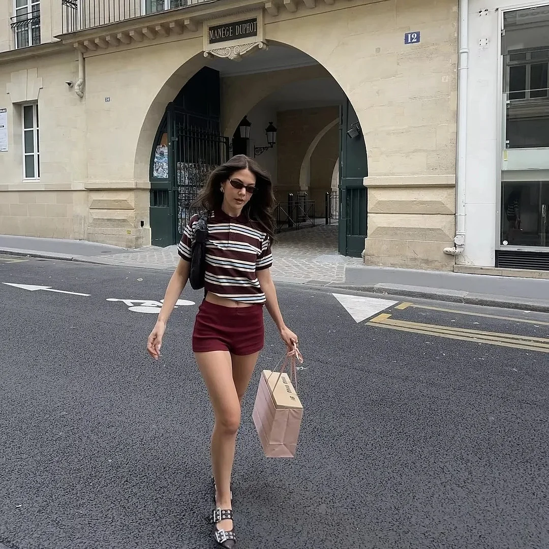 Nigikala Nigikala Retro Sexy Hottie Style Striped Short-Sleeved Polo Collar T-Shirt