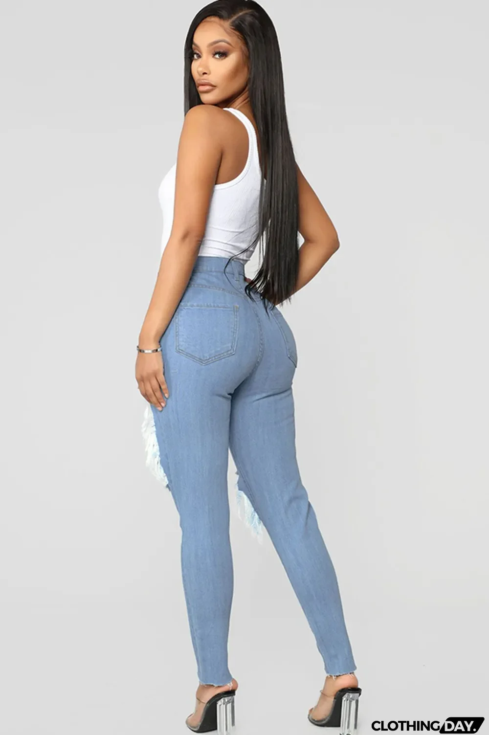 Blue Denim Button Fly Zipper Fly High Zippered Pocket washing Hole pencil Pants Pants