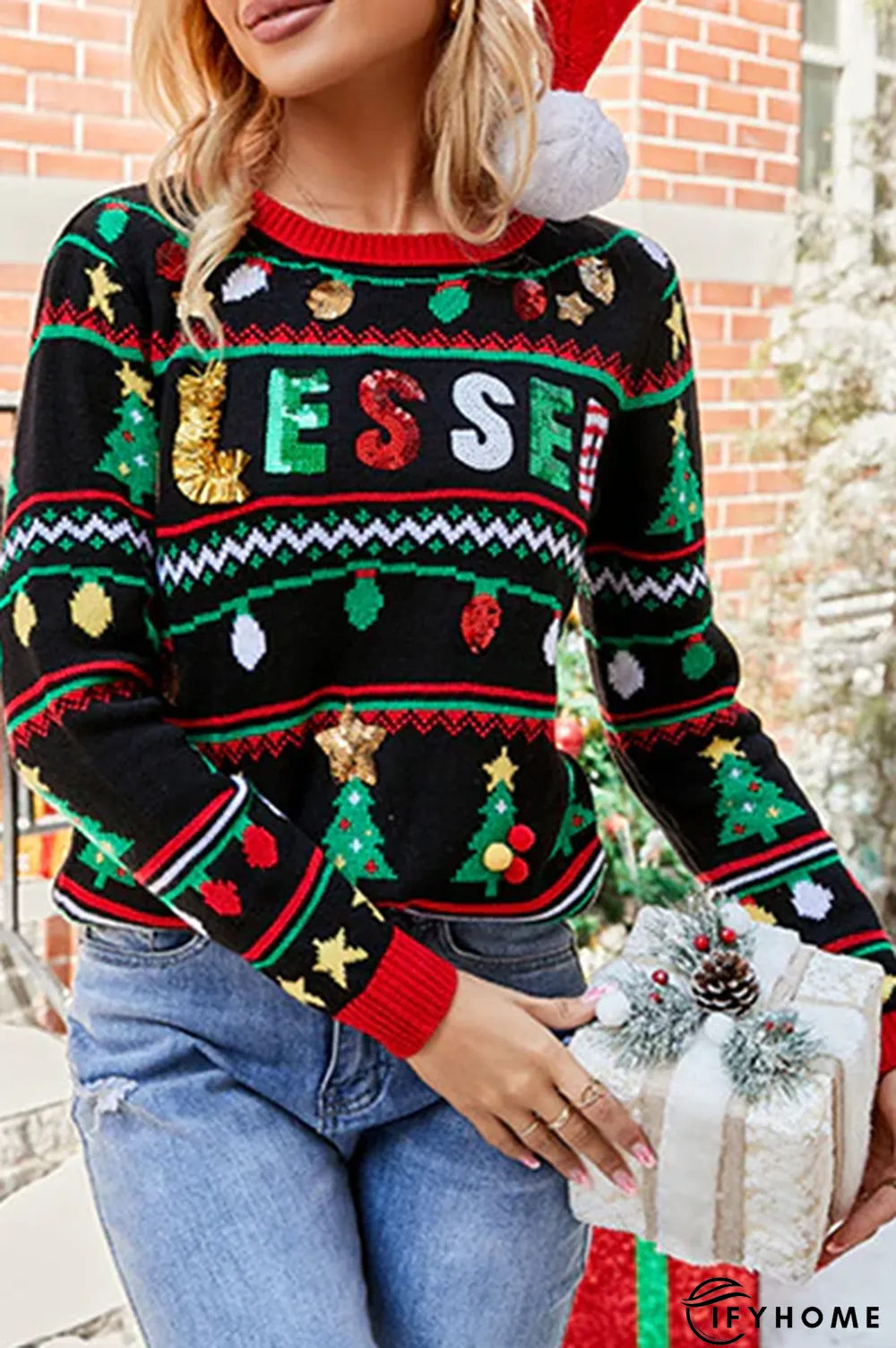 Casual Letter Christmas Tree Printed Sequins Patchwork O Neck Tops | IFYHOME