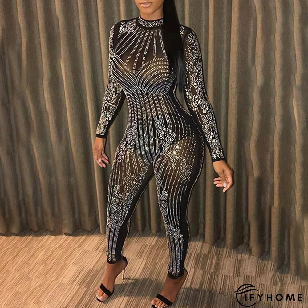 Women's Nightclub Sequin High Neck Long Sleeve Jumpsuit | IFYHOME