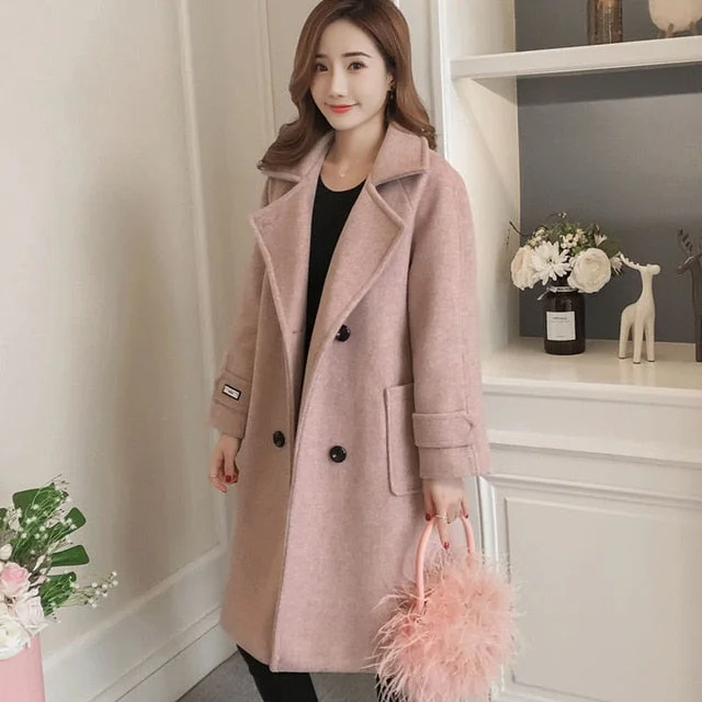Suofun Loose Pink Casual Button Wool Blends Hot Sale Winter Warm Jacket Long Cashmere Vintage Female Autumn Women's Wool Coats