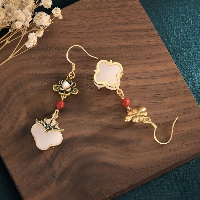 White Jade Flower Boho Drop Dangle Earring