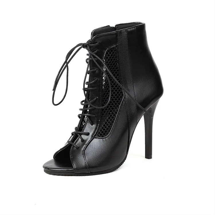 Black Mesh Lace Up Ankle Boots Peep Toe Stiletto Zipper Booties Radinnoo.com