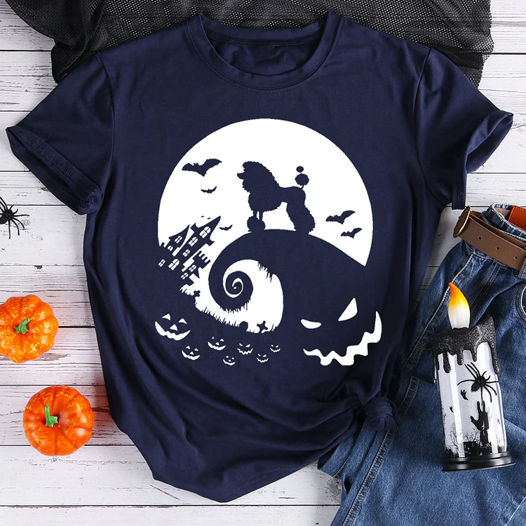 Halloween poodle dog and moon t shirt tee