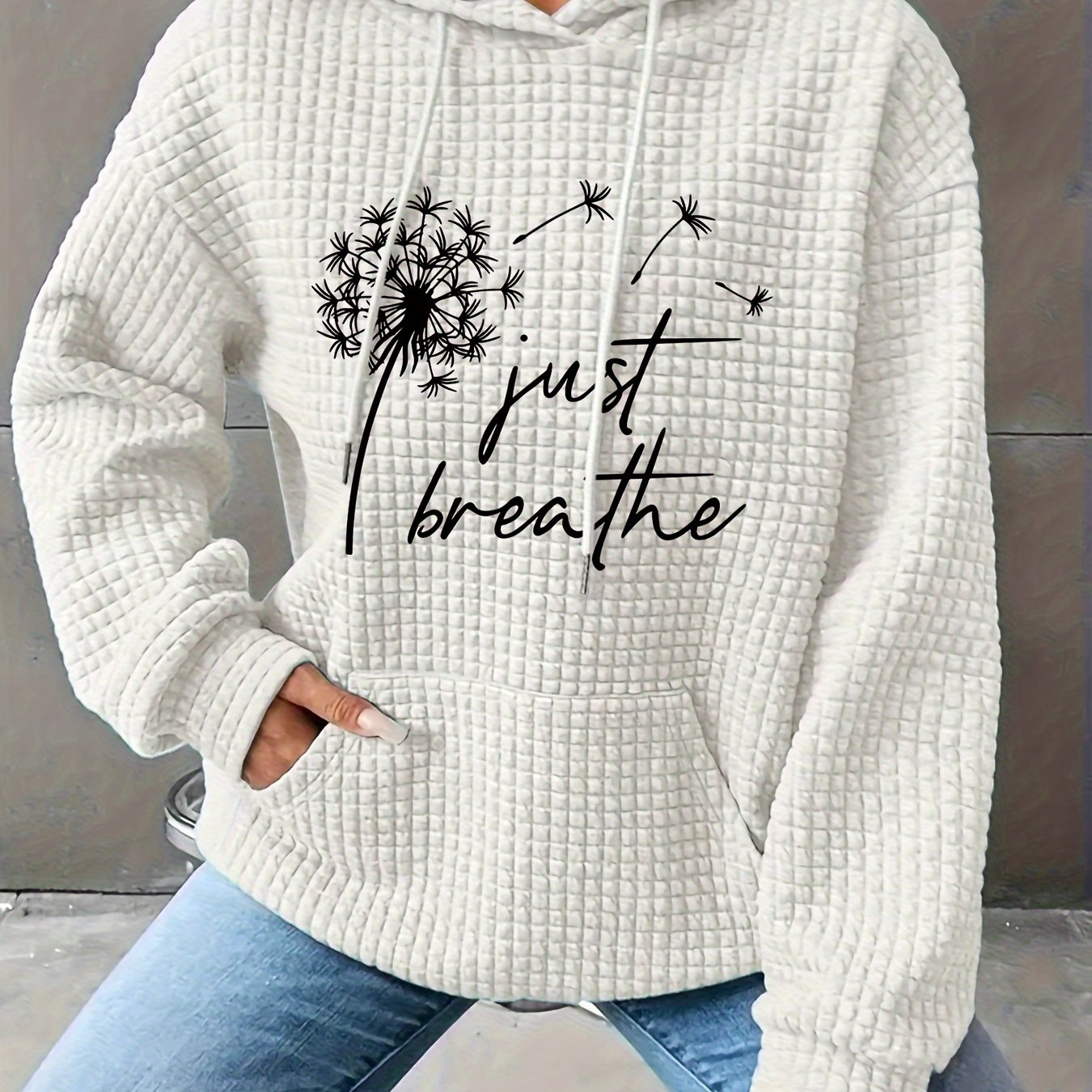 Women’s Elegant Dandelion Floral Hooded Sweatshirt – 3D Houndstooth Texture, Long Sleeve Pullover with Pockets