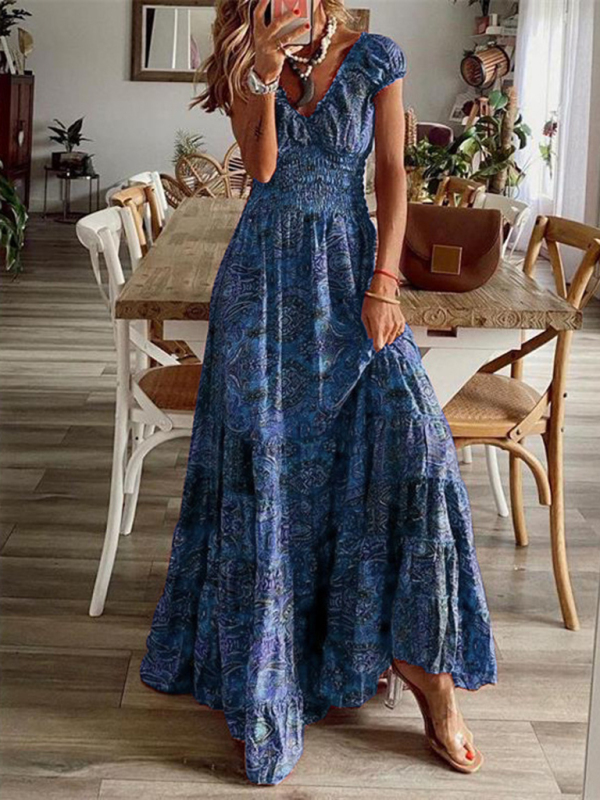 Mature Women Bohemian New One-piece Long Waist Floral Print Large Swing Dress