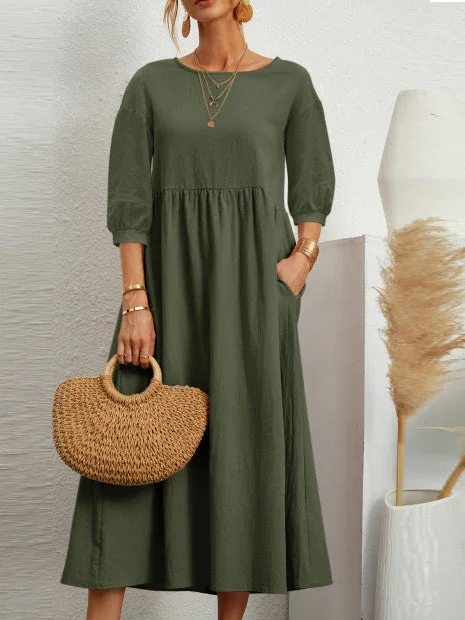 Casual 3/4 Sleeve Round Neck Pleated Maxi Dress