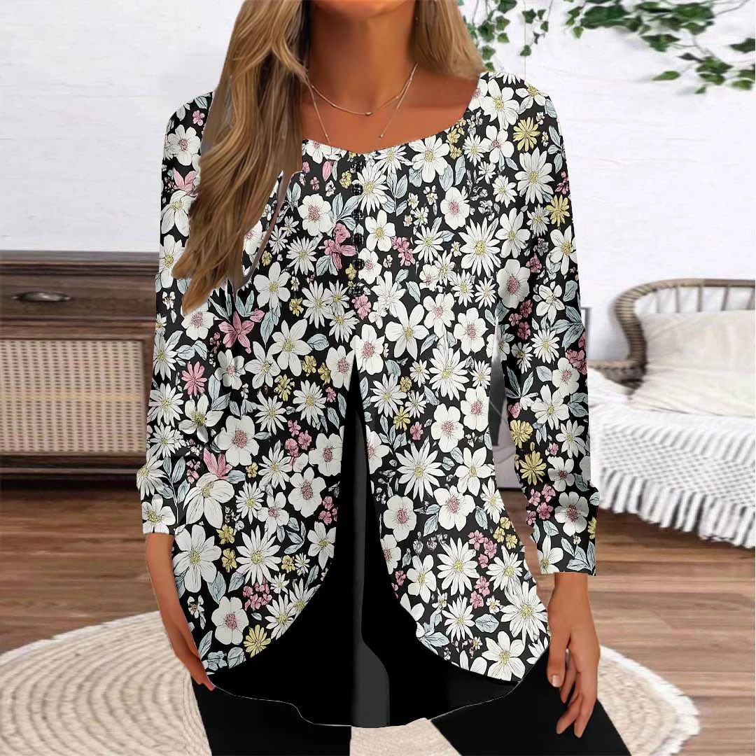 Women Floral,Black DZGG8331 Long Sleeve Scoop Neck Printed Graphic Button Fake 2in1 Tops