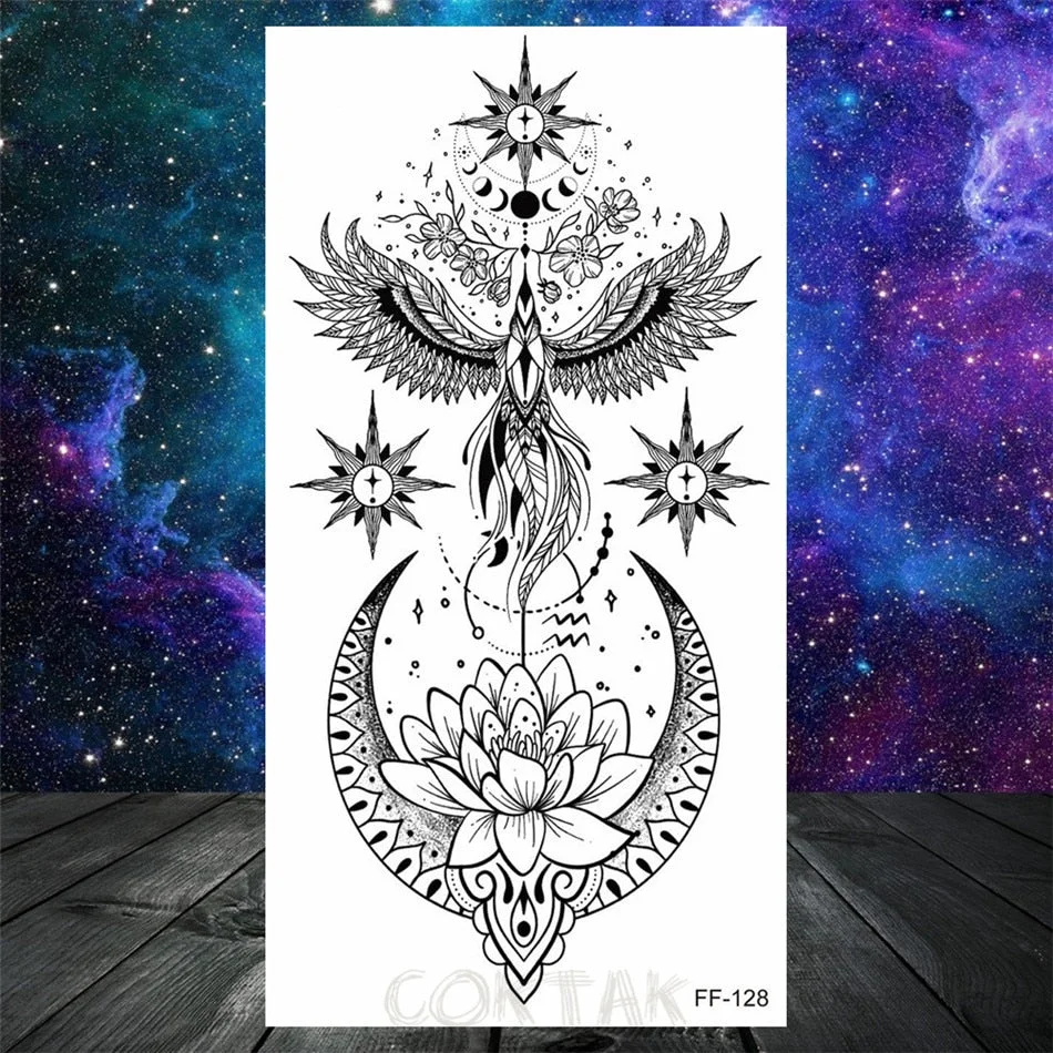 Lotus Flower Temporary Tattoo For Women Girls Snake Peony Lily Rose Chains Tattoos Sticker Black Blossom Fake Transferable Tatoo