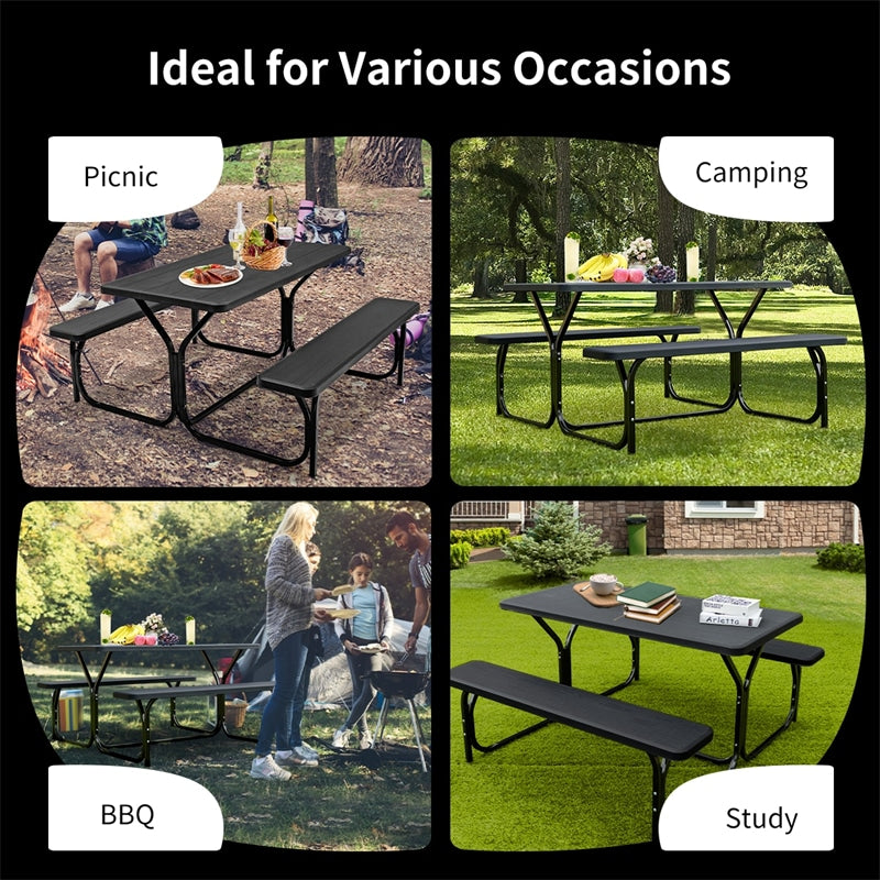 Outdoor Camping Picnic Table Bench Set with All Weather Metal Base