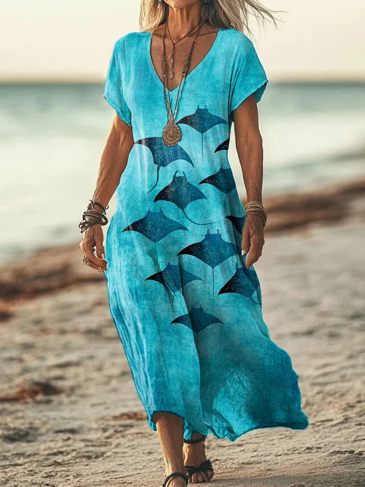 Women's Manta Rays Art Print Linen Blend Dress