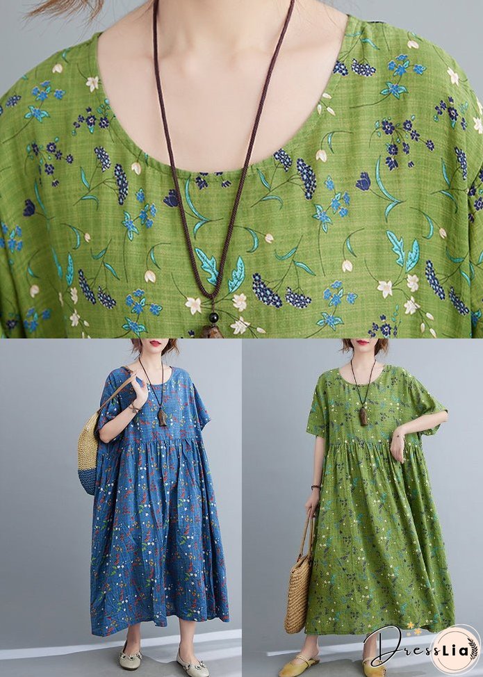 Modern Green Print Wrinkled Long Dresses Summer