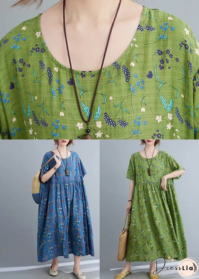 Modern Green Print Wrinkled Long Dresses Summer