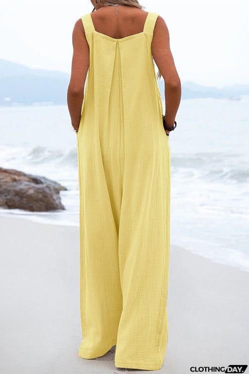 Solid Button Sling Wide-Leg Jumpsuit