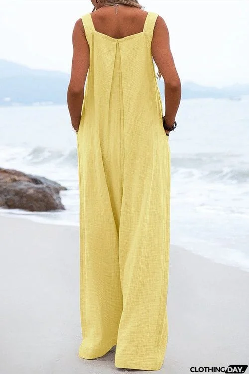 Solid Button Sling Wide-Leg Jumpsuit