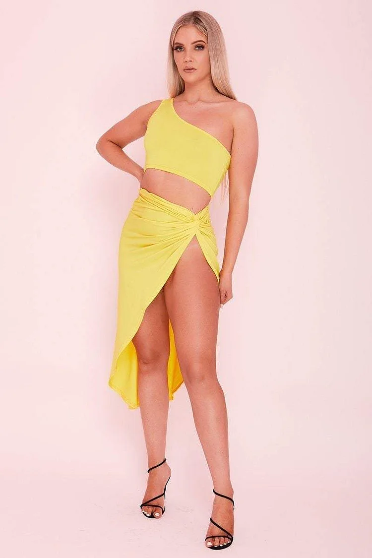 Neon Yellow Ruched Side Split Asymmetric Maxi Skirt Katch Me
