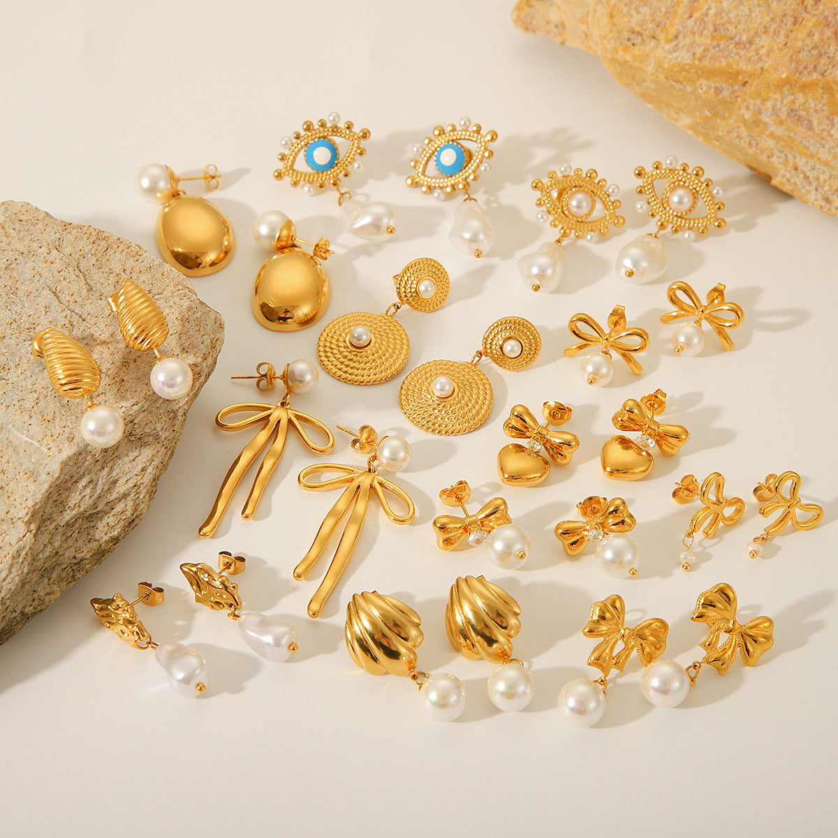 IG Style Pearl Bowknot Heart Geometric Stainless Steel Electroplating Earrings