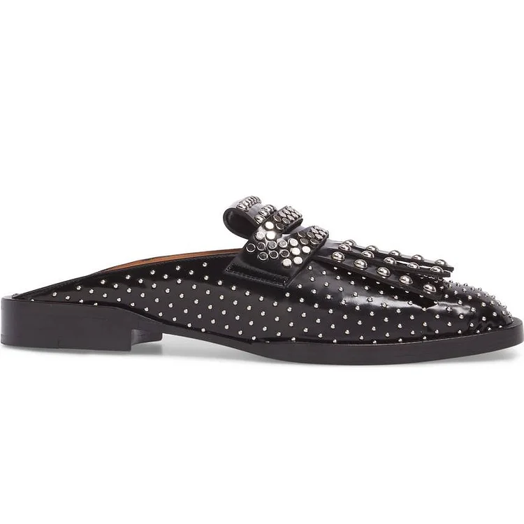 Black Fringe Flat Round Toe Loafer Mules with Studs Vdcoo