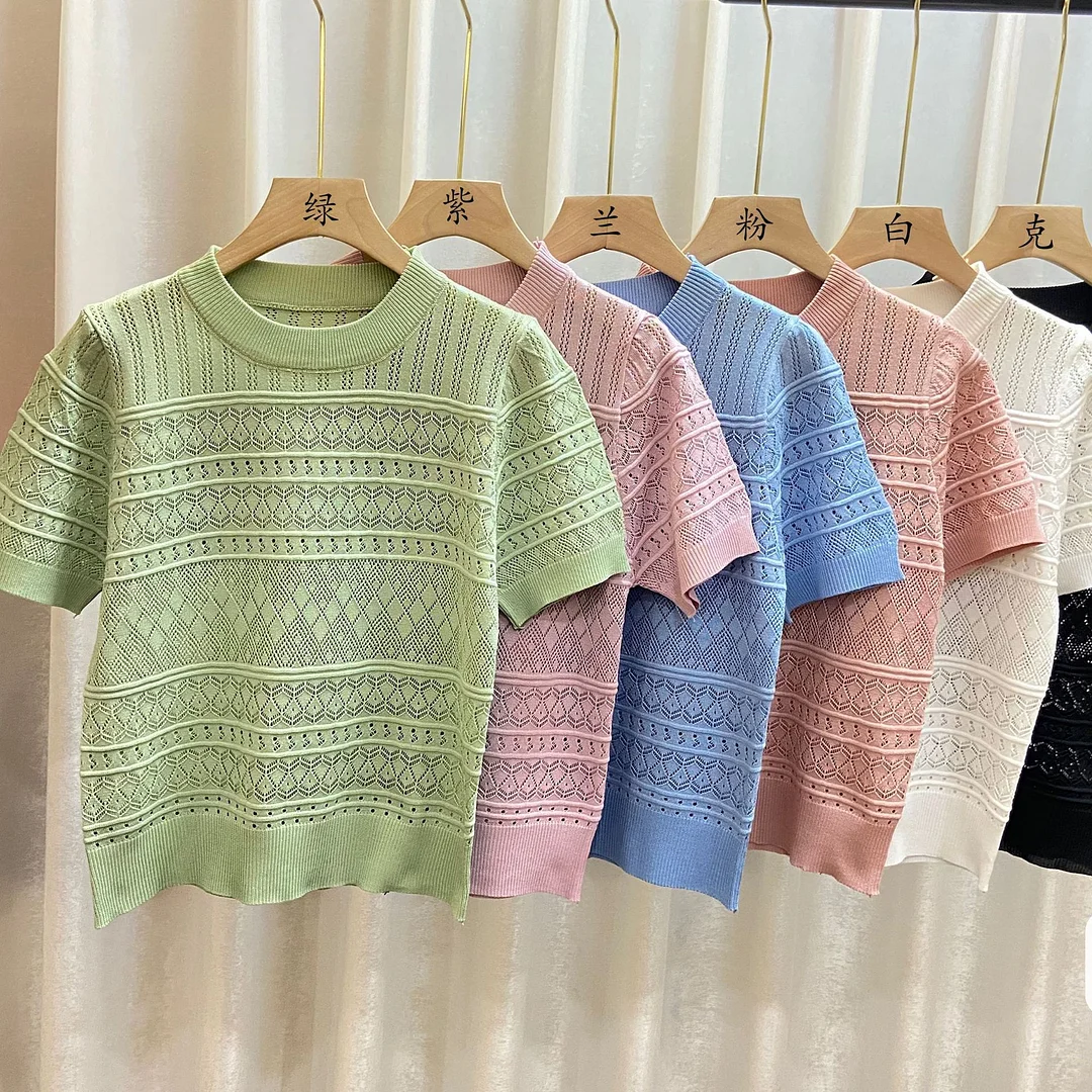 Uveng Uveng T-Shirt Girl Summer New Hollow Hook Design Temperament Round-Neck Short-Sleeved Top In The Wind Trend