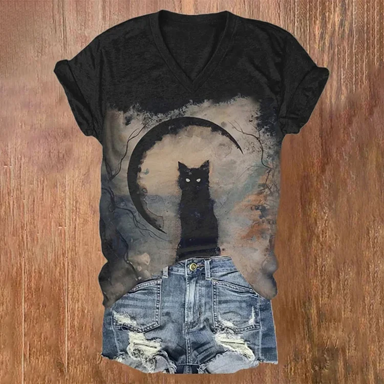 Comstylish Halloween Vintage Cat Print T-Shirt