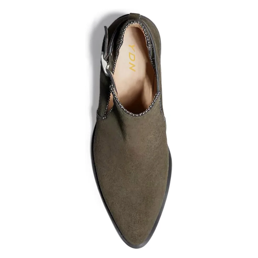 Faux Suede Ankle Strap Studded Olive Chunky Heel Short Boots for Women