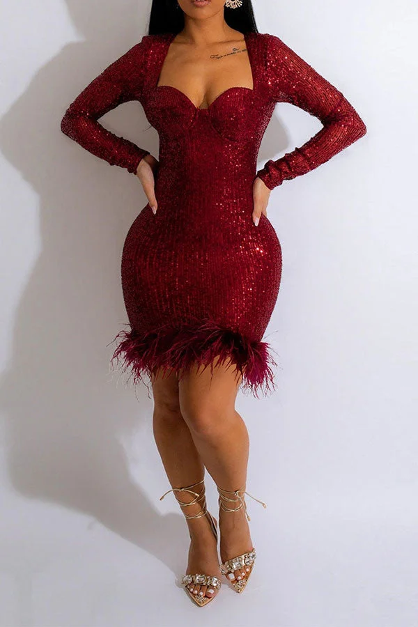 Sequined Luxe Feather Hem Mini Dress
