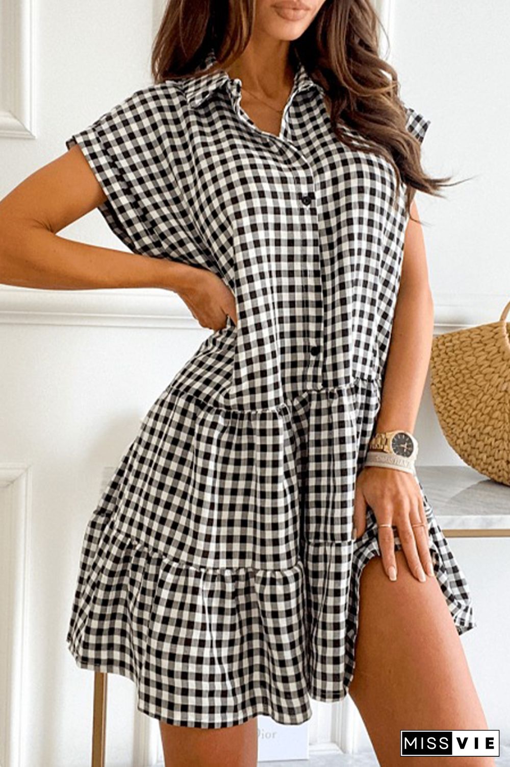Casual Plaid Buckle Shirt Collar Shirt Dress Dresses
