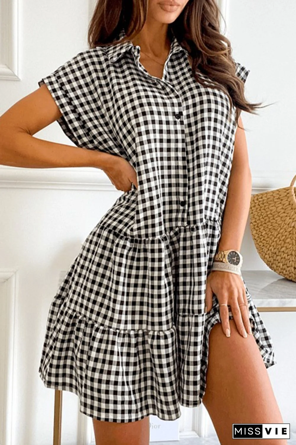 Casual Plaid Buckle Shirt Collar Shirt Dress Dresses